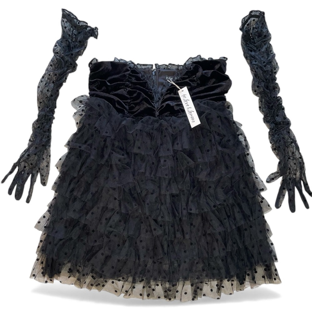 For Love And Lemons Jourdan Black Ruffle Polka Dot Mini Dress/Bodysuit w Gloves - Picture 2 of 11